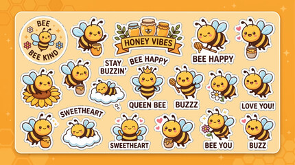 Obraz premium A collection of cute cartoon bee stickers with various poses and positive text phrases like 