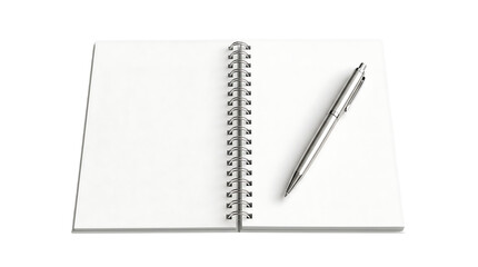 Naklejka premium Open spiral notebook with a metal pen lying on the blank white pages isolated on transparent background