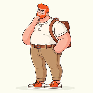 Cartoon Bearded Man with Backpack in Thoughtful Thinking Pose Vector Illustration