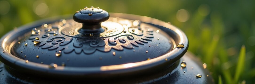 Elegant cremation urn on green grass with delicate water droplets reflecting sunlight. This cremation urn represents remembrance and is designed for funeral rituals,