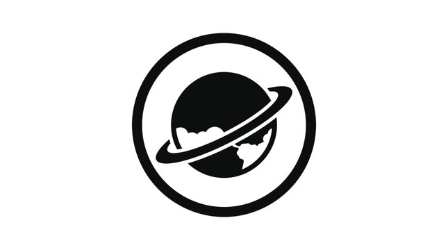 Circular planet with ring emblem silhouette.