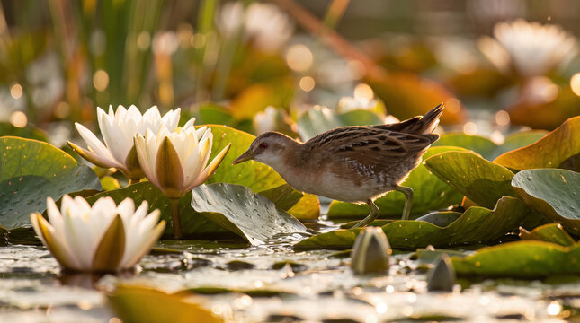 Soft golden sunlight illuminates the water's surface as a Zapornia parva navigates through dense aquatic vegetation.