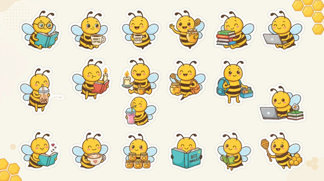 Collection of cute cartoon bee characters engaged in various activities like studying, reading, working, and daily tasks, on a light background with honeycomb accents.