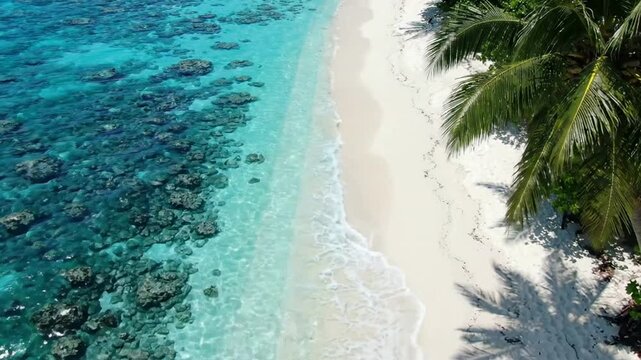 Aerial view of tropical paradise beach with turquoise water, coral reef, and palm trees on white sand shoreline for travel and vacation background