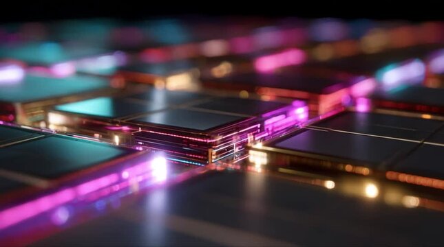 Macro view of silicon microchip wafer grid with glowing cyan pink and golden edge lights during precision semiconductor manufacturing process (AI Generated)