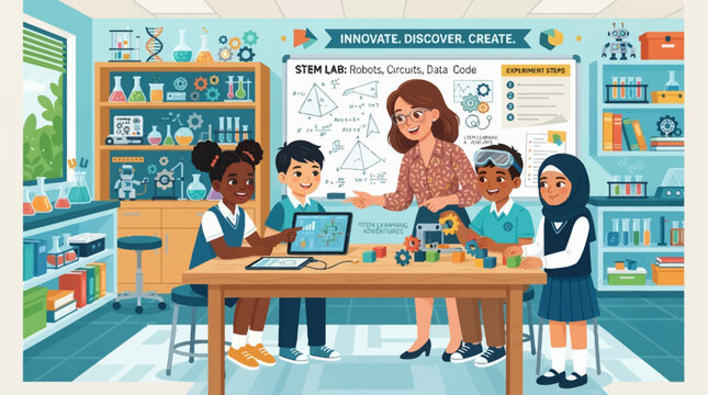 A diverse group of elementary school children and their female teacher engaged in hands-on STEM activities in a modern classroom.