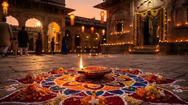Diwali celebration with traditional diya lamp and colorful rangoli pattern in an indian temple courtyard at sunset