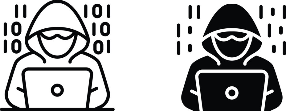 Hacker icons with binary code on laptop