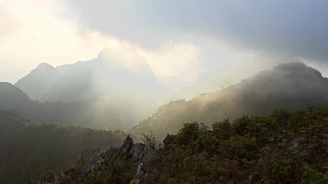 Beautiful view from the highest point on top of Chiang Dao mountain the 3rd highest peak mountains in Chiang Mai province of Thailand.