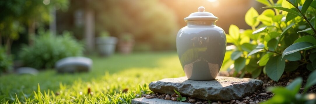 Elegant cremation urn placed on stone in serene garden setting, surrounded by lush greenery and soft sunlight.