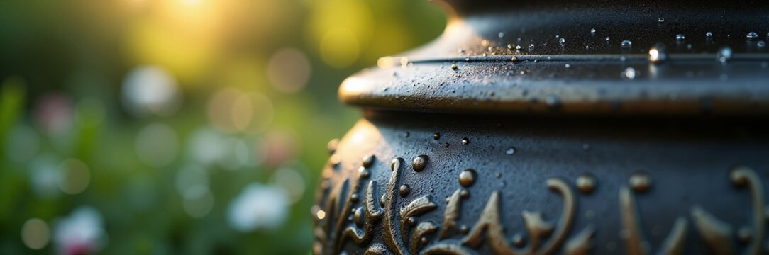 Cremation urn adorned with intricate design resting in a garden surrounded by blooming flowers. This solemn urn for remembrance reflects the essence of love and loss during funeral rituals.
