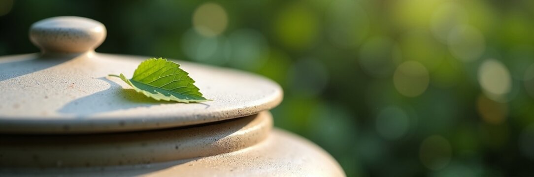 Elegant cremation urn with leaf on top surrounded by nature's serene greenery. This urn symbolizes remembrance and peace during funeral rituals,