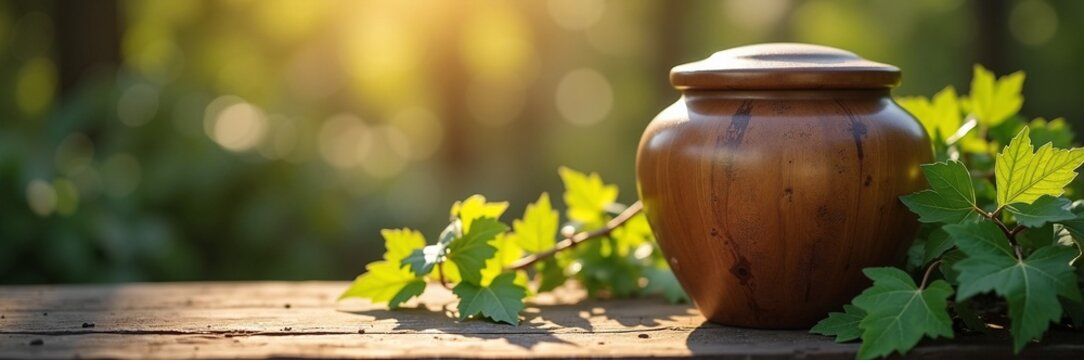 Wooden cremation urn on wooden table with green leaves in soft sunlight. Urn symbolizes memory and remembrance, surrounded by nature's tranquility. Concept of funeral ritual and remembrance.