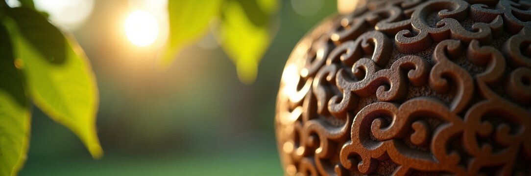 Intricate cremation urn surrounded by green leaves and soft sunlight casting gentle shadows. The urn reflects craftsmanship and serves as a meaningful piece for memorial ceremonies,