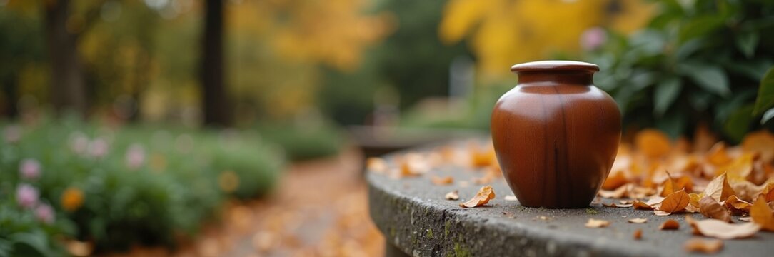 Cremation urn placed in serene park amidst autumn leaves, representing remembrance and farewell. This urn symbolizes the essence of funeral rituals and serves as a tribute for loss.