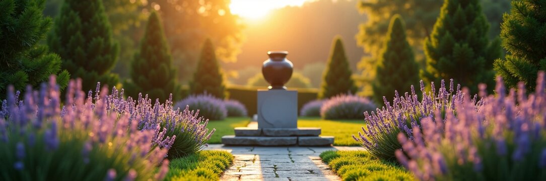 Serene garden with lavender flowers and urn at sunset. Garden features beautiful lavender plants surrounding a decorative urn, creating a peaceful atmosphere for remembrance.