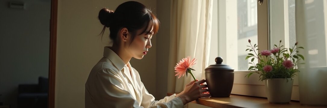 Woman holding flower near cremation urn by window, symbolizing remembrance and honoring loved ones. Personal moment incorporates urn into tranquil setting,