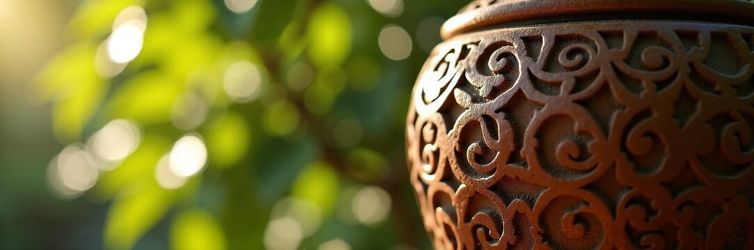 Ornate cremation urn with intricate design against blurred green background, symbolizing remembrance and honoring loved ones.