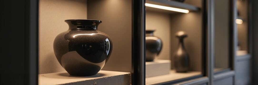 Elegant cremation urn display in well-lit showcase with several black urns, highlighting intricate designs and smooth surfaces.