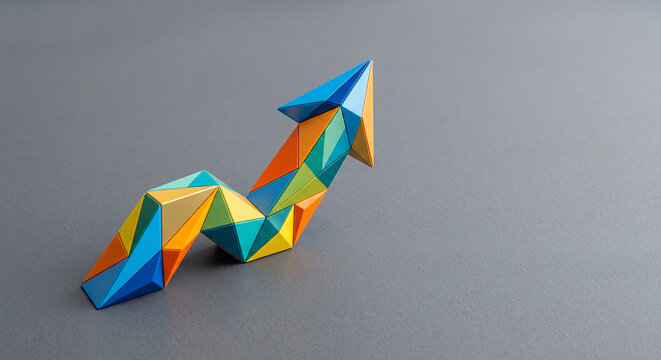 Colorful geometric arrow pointing upwards symbolizing growth success and progress on a dark gray background with copy space