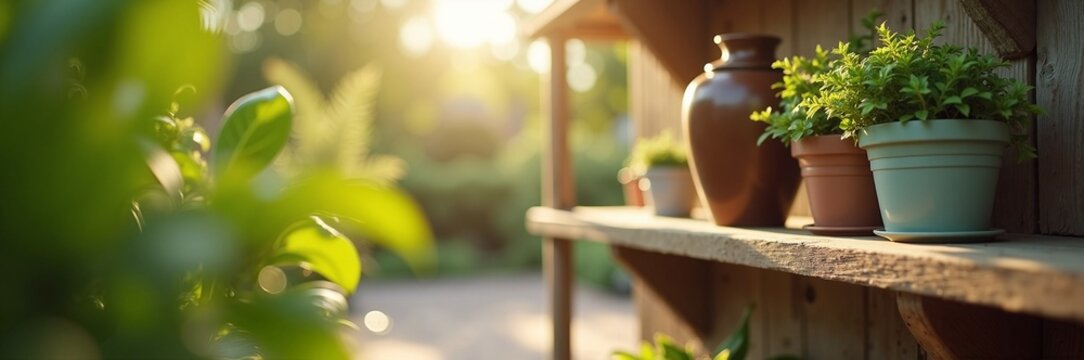 Garden shelf with potted plants showcasing vibrant greenery and clay vase in sunlight. Garden setting includes well-arranged pots creating a serene atmosphere for outdoor relaxation.