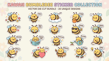 Fototapeta premium A collection of 20 unique kawaii bumblebee stickers, featuring cute cartoon bees with various expressions and activities, perfect for digital designs and crafts.