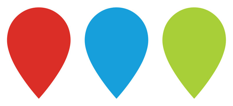 Location pin icon collection featuring red, blue and green map marker symbols without inner circles, flat vector illustration isolated on white background for navigation, travel, mapping and design
