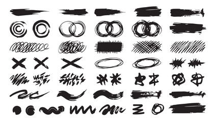 Naklejka premium Collection of various hand drawn ink brush strokes and artistic scribbles isolated on a white background