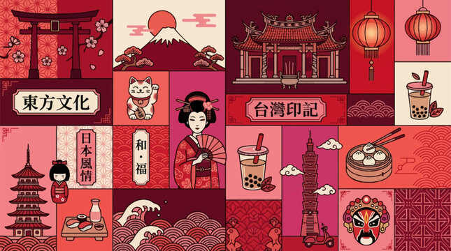 A vibrant collage celebrating East Asian culture, featuring iconic symbols from Japan and Taiwan, rendered in a distinctive pixel art style with a dominant red color palette.
