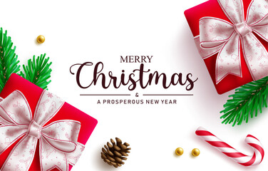 Merry Christmas and Prosperous New year greeting card template clipart design. Minimalist Christmas banner clip art with red gift boxes, fir branches, candy cane, pine cone and gold ornaments in white © Zeinous