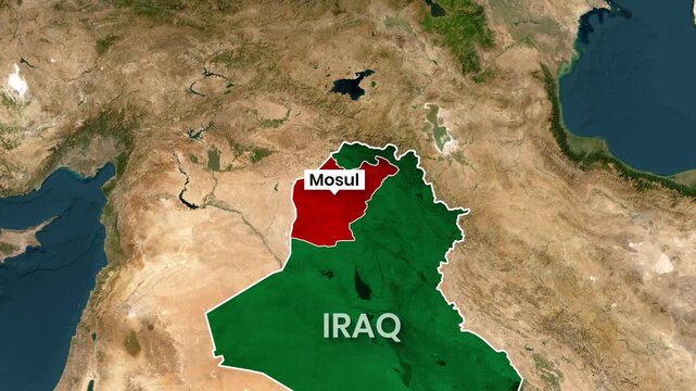 Detailed satellite map video showing Iraq and Mosul highlighted for motion