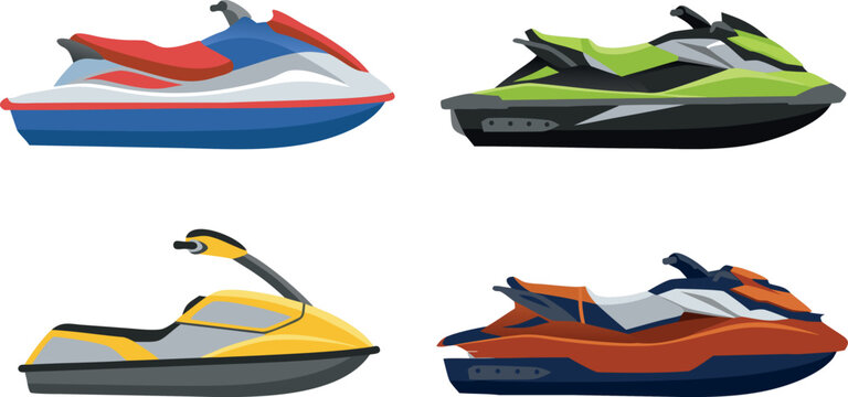 Modern Jet Ski Personal Watercraft Vector Set with Colorful Speedboat Models for Summer Vacation Beach Recreation Extreme Marine Sports and Rental Business Designs