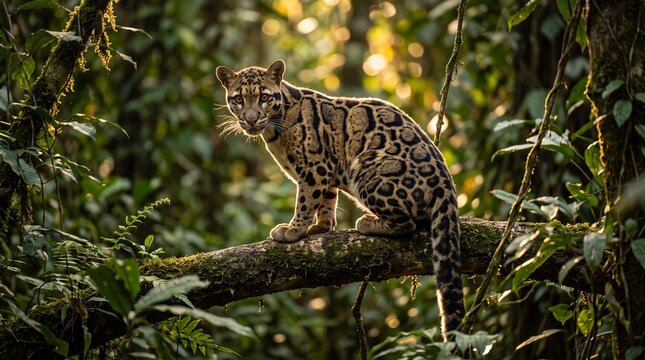 A wild clouded leopard sits quietly on a thick, moss-covered branch, turning its head to look directly toward the camera lens at golden hour.