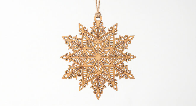 Intricate wooden snowflake ornament with detailed laser cut design hanging on a string against a clean white background
