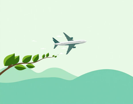 Commercial Airplane Flying Above Green Leaves Branch for Sustainable Eco Friendly Aviation