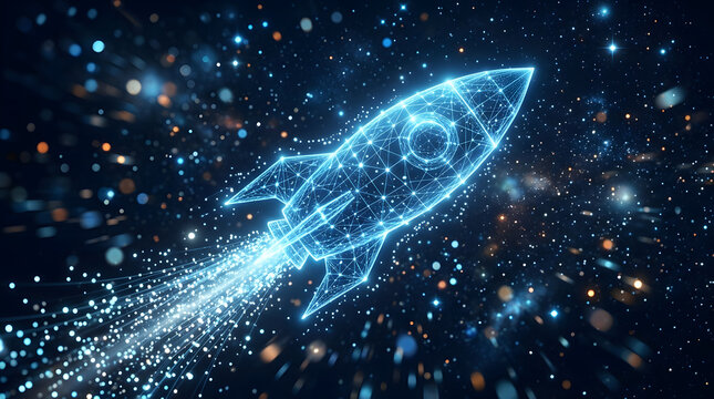 Futuristic rocket ascending through digital space backdrop