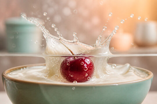A fresh red cherry falling into creamy white milk, creating a dynamic splash with droplets. Concept for healthy food, breakfast, dairy products, and delicious cooking ingredients.