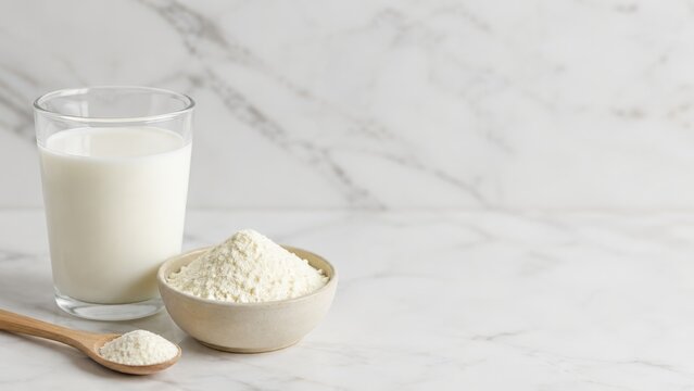 Powdered milk and one glass of milk on the white background, with dry dairy powder in a ceramic bowl and wooden spoon on marble surface, minimalist food ingredient composition with copy space