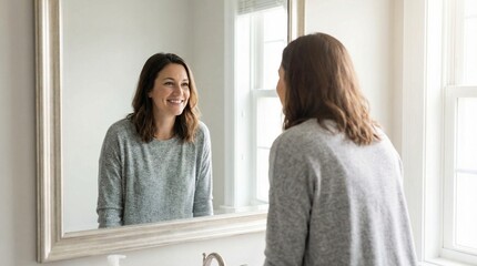 Obraz premium Young woman smiling looking at camera, casual lifestyle portrait, natural window light in bright home setting, conveying warmth and approachability, perfect for personal branding