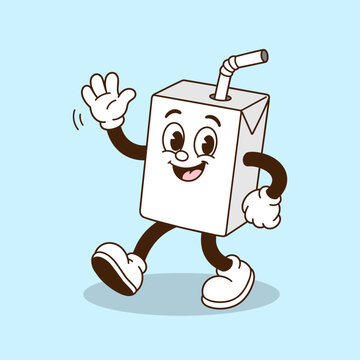 Cartoon Milk Carton Character Waving Hello with Straw on Blue Background