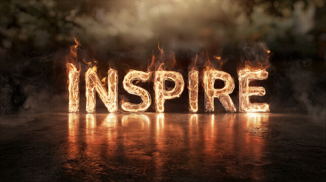Inspire word made of fire flames glowing with smoke on dark reflective surface