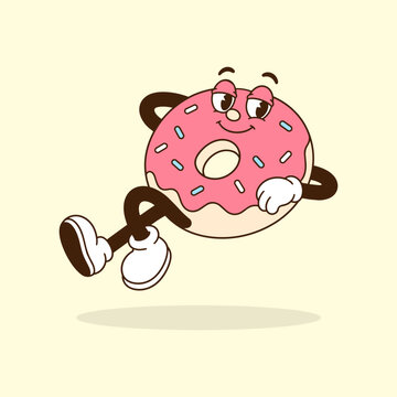 Cartoon Donut Character Running with Pink Frosting and Sprinkles, Retro Style