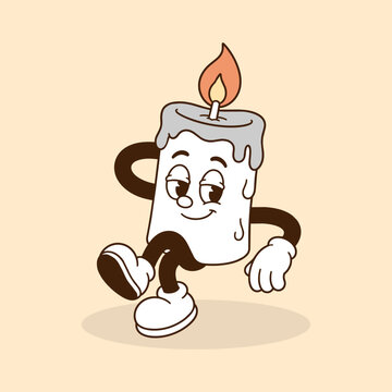 Retro Cartoon Candle Character Walking with Flame and Happy Face on Beige Background