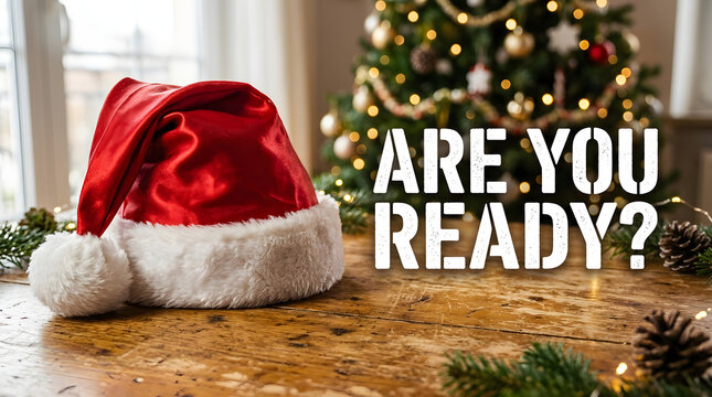 Holiday hat resting beside decorated tree asking readiness