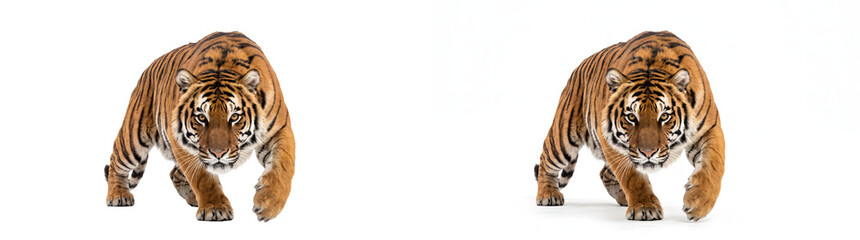 Fototapeta premium Tiger prowls forward with intense stare and orange striped fur in powerful stance, PNG, Transparent and White Background Versions for wildlife design