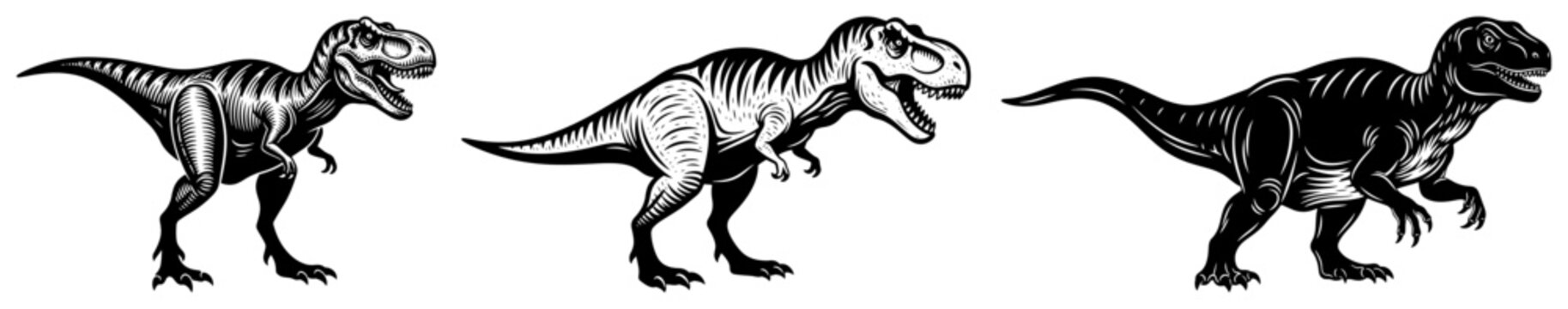 Tyrannosaurus Rex T-Rex Dinosaurs Set Illustration. Prehistoric Theropod Predators and Reptiles in Vintage Hand Drawn Engraving Style