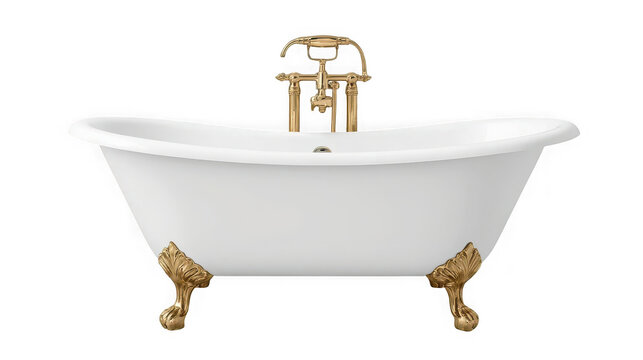 Vintage clawfoot bathtub featuring elegant white porcelain and decorative gold brass fixtures sits on a white background.