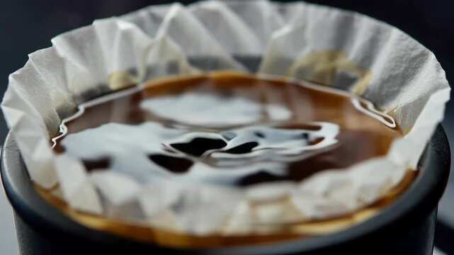 Water is poured into a coffee filter filled with ground coffee, creating a rich brew in a black cup, showcasing the brewing process in a kitchen setting