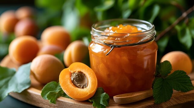 A jar of homemade apricot jam surrounded by fresh apricots and green leaves on a wooden board