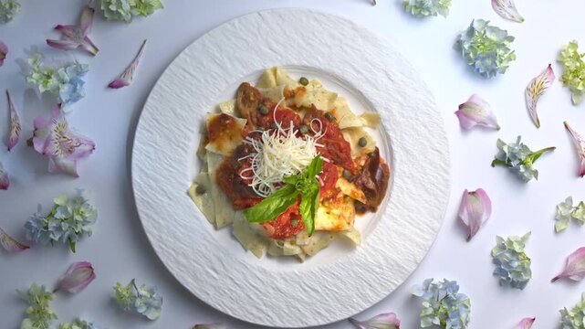 Delicious Italian pasta dish decorated with flowers on white table flat lay